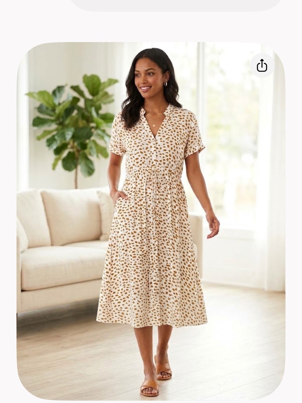 Cream Printed Short-Sleeve Midi Dress